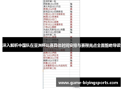 深入解析中国队在亚洲杯比赛具体时间安排与赛程亮点全面前瞻导读