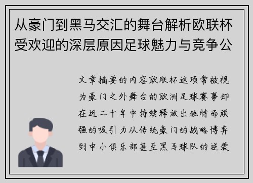 从豪门到黑马交汇的舞台解析欧联杯受欢迎的深层原因足球魅力与竞争公平性